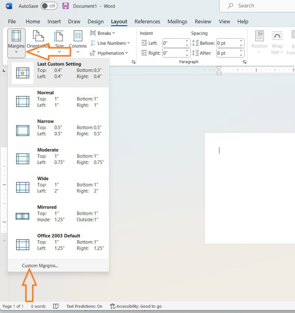 Screenshot of how to set custom margins in Microsoft Word.
