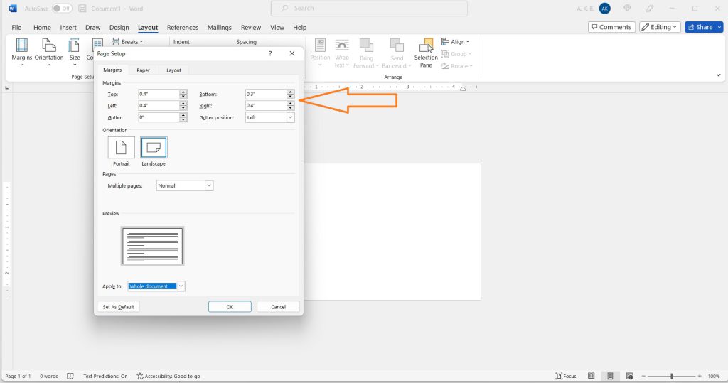 Screenshot of how to set margins in Microsoft Word for Memory Verse Cards.
