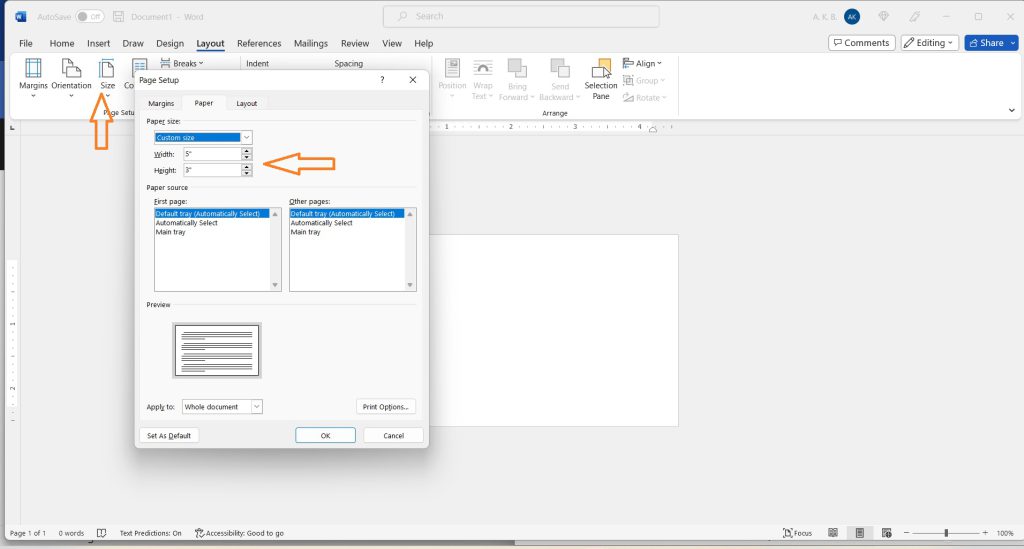 Screenshot of how to set page size to print index cards in Microsoft Word.